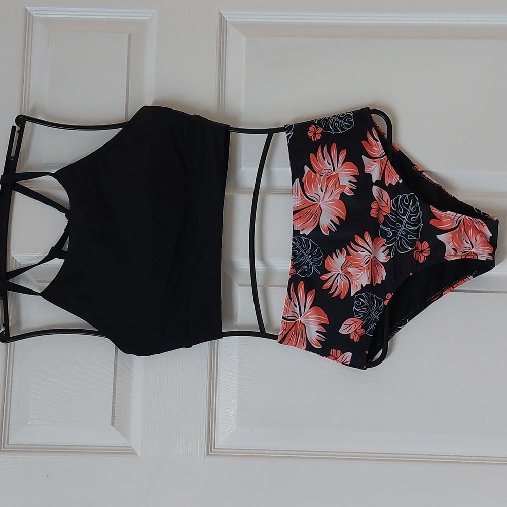 Elegant Black and Coral Floral Bikini Set